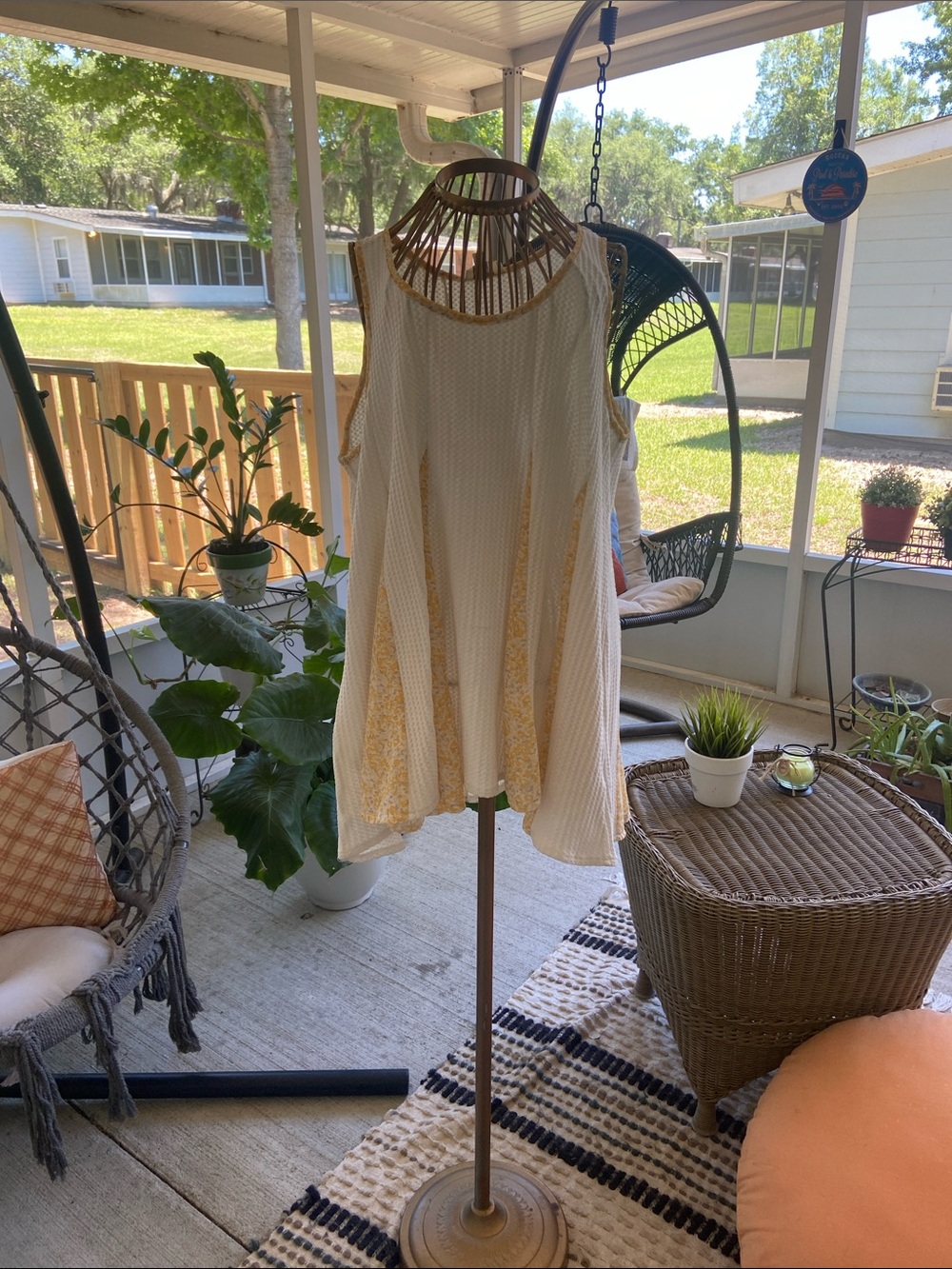 Umgee Cream Crochet Tank with Yellow Floral Trim